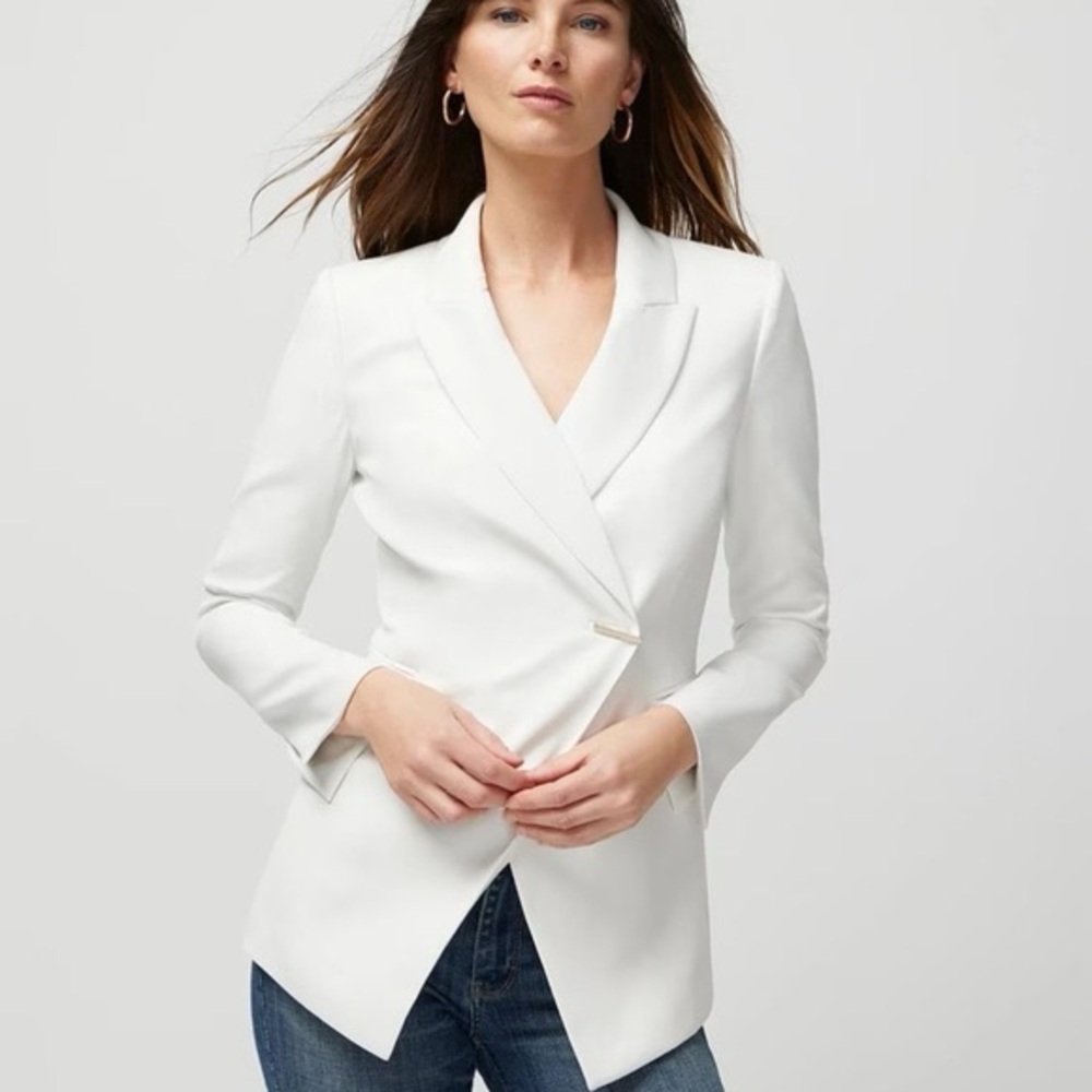 WHITE HOUSE BLACK MARKET ECRU METAL TAB BUTTON STUDIO BLAZER JACKET SZ 12 - Picture 4 of 14